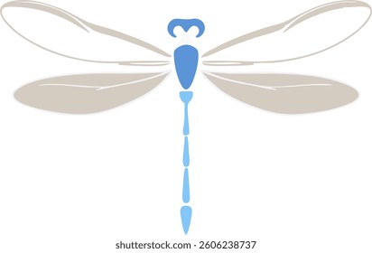 The image features a stylized, minimalist dragonfly illustration with a combination of blue and gray elements. The dragonfly's body and central details are highlighted in blue