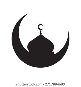 La Imagen presenta una representación estilizada de una luna creciente con una Pequeña luna creciente y una cúpula debajo. El diseño es minimalista y monocromático, utilizando colores blanco y negro. La Grande luna creciente forma la forma exterior, mientras que una Pequeña luna creciente se coloca en el centro superior. 