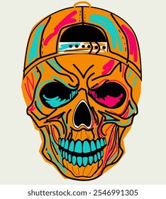 The image features a stylized skull wearing a baseball cap. The skull is drawn in a cartoonish style with bold black outlines and filled with a vibrant orange color. The cap is a classic design with a