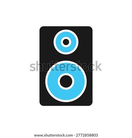 The image features a stylized speaker icon with a black body and two light blue circles outlined in white, set against a clean white backdrop, conveying a sense of modern audio technology.