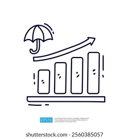 The image features a stylized upward graph with four bars, an umbrella above it, symbolizing protection and growth in a business context.