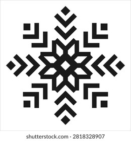 The image features a symmetrical black geometric pattern on a white background, resembling the shape of an ice crystal or a snowflake.