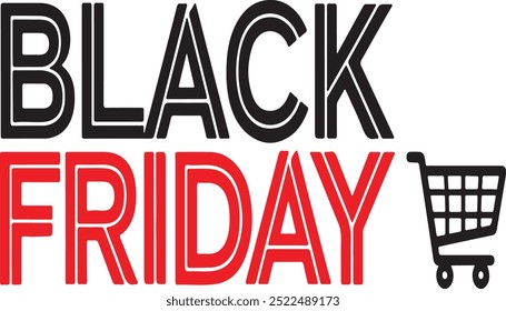 The image features the text "Black Friday" in bold, with "Black" in black and "Friday" in red. To the right, there's a black shopping cart icon, symbolizing shopping deals associated with the event.