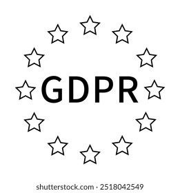 A imagem apresenta o texto GDPR rodeado por doze estrelas, representando a conformidade da União Europeia. Ideal para privacidade, proteção de dados, regulamentações, segurança, União Europeia. O design está em preto