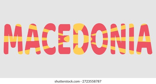 A imagem apresenta o texto MACEDÔNIA renderizado em negrito, em letras maiúsculas arredondadas. Utiliza uma vibrante paleta de cores vermelha e amarela, espelhando o design da bandeira nacional. Um padrão de explosão solar estilizado irradia a partir do centro, criando um efeito visual dinâmico. Este gráfico representa a identidade nacional através da tipografia moderna.
