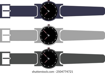 The image features three attractive watches, each with a black face and red and white hands. The first watch has a dark blue strap and bezel, the second watch has a light gray strap and bezel.