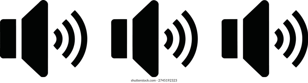 The image features three black speaker icons aligned horizontally. Each speaker icon has sound waves emanating from it, indicating the emission of sound. The speakers are identical in design and size, creating a uniform and symmetrical visual effect.