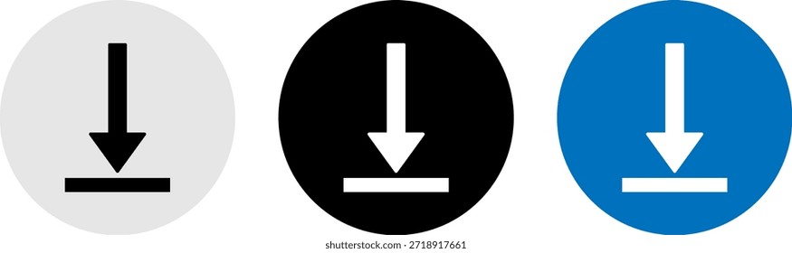 La Imagen presenta tres círculos dispuestos en una fila. Cada circunferencia contiene una flecha que apunta hacia abajo con una línea Horizontal en la parte inferior. Los círculos son de diferentes colores: el primero es gris claro, el segundo es negro y el tercero es azul.