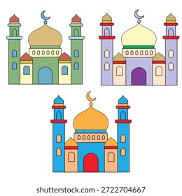 La Imagen presenta tres coloridas ilustraciones de estilo de dibujos animados de mezquitas. Cada mezquita tiene una cúpula central con un símbolo de luna creciente en la parte superior, flanqueada por dos minaretes. Las mezquitas se representan en diferentes colores: verde, púrpura y azul. Cada estructura tiene puertas y ventanas arqueadas, con diseños intrincados alrededor de las cúpulas y minaretes.