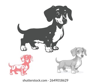 A imagem apresenta três cães dachshund em diferentes estilos: uma silhueta preta, um contorno rosa e uma ilustração de desenho animado cinza.