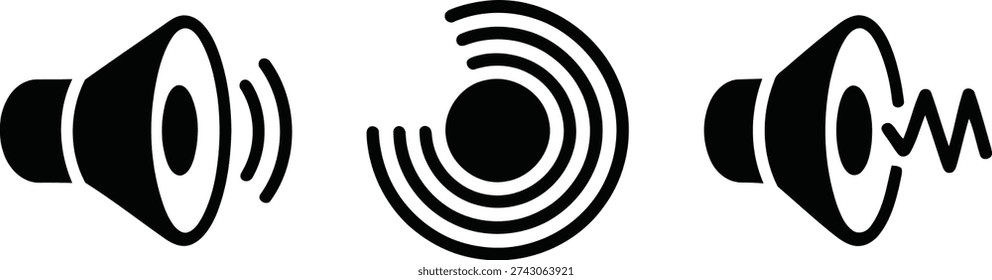 The image features three distinct speaker icons, each representing different sound wave patterns and audio outputs. The first icon shows a speaker with a simple sound wave, the second icon displays a speaker with a circular wave pattern, and the third icon depicts a speaker with a more complex wave pattern.