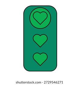The image features three green hearts arranged vertically on a dark green background. The top heart is outlined with a thicker border, while the middle and bottom hearts have thinner borders. The hearts are evenly spaced and centered within the rectangular frame.
