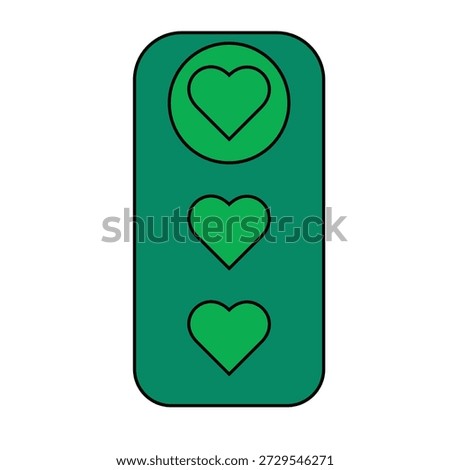 The image features three green hearts arranged vertically on a dark green background. The top heart is outlined with a thicker border, while the middle and bottom hearts have thinner borders. The hearts are evenly spaced and centered within the rectangular frame.