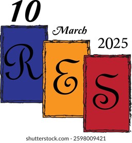 The image features three overlapping, distressed-edged rectangular cards in blue, orange, and red, each containing a large, ornate letter "R," "E," and "S," respectively.








