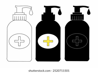 Das Bild zeigt drei Pumpflaschen mit einem medizinischen Kreuzsymbol. Die linke Flasche ist in schwarz auf weißem Hintergrund, die mittlere Flasche ist schwarz und Linien, Medizinische Pumpe Flasche Icon Set