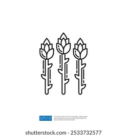 The image features three stylized flower stems with leaves, depicted in a simple line art style, emphasizing nature and botanical design.