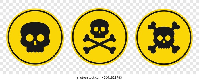 The image features three yellow warning signs. Each sign shows a different skull and crossbones symbol, alerting to potential danger in the surrounding environment.