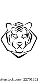 The image features a tiger's head viewed from the front with an expressive face and sharp detailed lines. This tiger is drawn in black and placed on a white background.