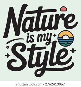 The image features a tote bag with the text 'Nature is my style' written in bold, black font. The bag also includes decorative elements like a red apple, a banana, a sun, and a butterfly, adding a playful and natural theme. The bag's design suggests an appreciation for nature-inspired fashion and eco-friendly accessories.