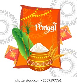 The image features a traditional Pongal pot with boiling milk and rice sugarcane banana leaves wheat stalks colorful kites and the word Pongal capturing the festive spirit