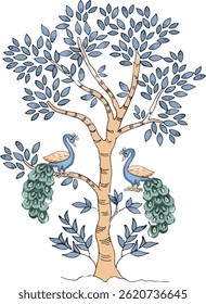 The image features a tree adorned with birds perched on its branches. It is presented as a drawing or sketch, showcasing the details of the tree's twigs and overall structure.