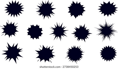 The image features twelve abstract shapes with a dark blue color and a spiky appearance, scattered randomly across a white background.