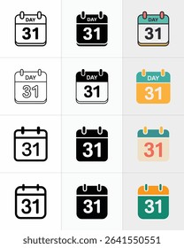 Image features twelve calendar icons, each displaying the 31st day of the month. Calendars vary in styles including outline, solid fill, and colorful designs.
