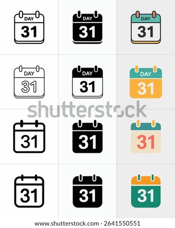 Image features twelve calendar icons, each displaying the 31st day of the month. Calendars vary in styles including outline, solid fill, and colorful designs.