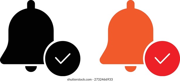 A imagem apresenta dois ícones de sino, um em preto e um em laranja, cada um acompanhado por uma marca de verificação circular. O sino preto com uma marca de verificação preta significa um alerta de notificação padrão, enquanto o sino laranja com uma marca de verificação vermelha indica uma notificação confirmada ou verificada.