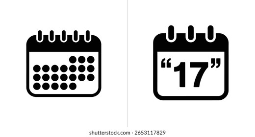 A imagem apresenta dois ícones pretos de calendário. Um exibe uma exibição de mês genérica, enquanto o outro mostra uma data específica, 17, entre aspas.