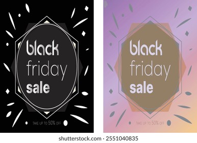 A imagem apresenta dois banners de venda Black Friday, um com um tema preto e branco e o outro em tons pastel. Ambos os projetos enfatizam a tipografia moderna, formas geométricas e mensagens promocionais.