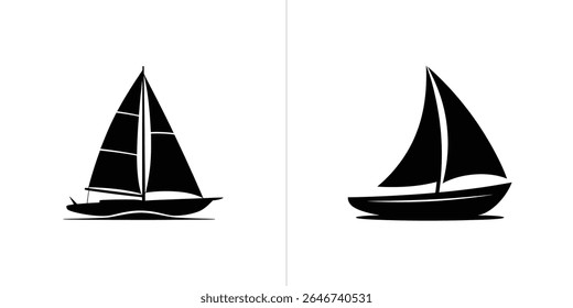 A imagem apresenta duas ilustrações de veleiro de silhueta preta contra fundos brancos separados, apresentando diferentes estilos de vela e casco, ideais para necessidades de design náutico ou vetorial.