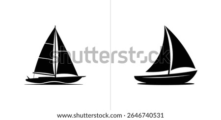Image features two black silhouette sailboat illustrations against separate white backgrounds, showcasing different sail and hull styles, ideal for nautical or vector design needs.