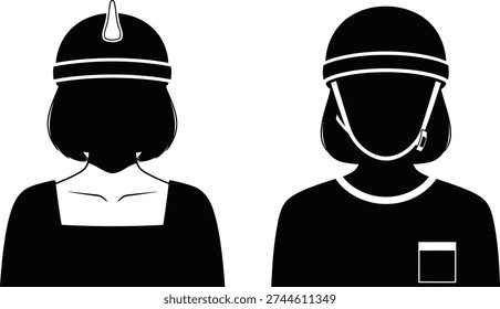 The image features two black silhouettes of people with different hats and clothing, set against a white background, showcasing distinct styles and accessories.