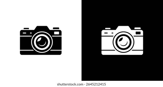 A imagem possui dois ícones de câmera, um preto sobre branco e o outro branco sobre preto. Representa os conceitos da fotografia, destacando a clareza visual e o contraste na imagem.