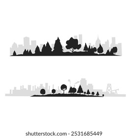 The image features two contrasting silhouettes of cityscapes. The upper half shows a forest with tall trees, while the lower half showcases an industrial skyline with buildings and smoke.