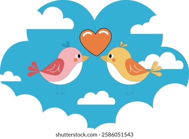 The image features two cute, cartoon-style birds facing each other in a bright blue sky with fluffy white clouds. One bird is pink with red wings and tail, while the other is yellow with orange wings 