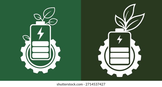 La Imagen presenta dos símbolos distintos que representan la energía sostenible. A la izquierda, se representa una batería con un engranaje y una hoja brotando de ella, simbolizando la integración de la energía renovable en la tecnología