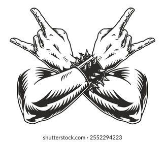 A imagem apresenta duas mãos fazendo o gesto icônico de rock and roll com os dedos estendidos. Uma pulseira de picos adorna um pulso mostrando um estilo rebelde que simboliza a cultura musical.