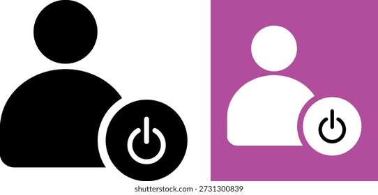 The image features two icons. The left icon is a black silhouette of a person with a power button next to them, indicating user activation. The right icon is a white silhouette of a person with a power button next to them, set against a pink background.