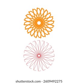 The image features two intricate geometric designs—an orange flower-like pattern with pointed petals and a red wavy pattern radiating outward. The symmetrical and vibrant compositions
