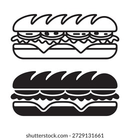 The image features two line art illustrations of sandwiches. The top illustration is in black and white, depicting a sandwich with visible layers of bread, lettuce, tomato, and meat. The bottom illustration is in black and white reverse, where the background is white and the sandwich details are in black, showing the same layers but with inverted colors.