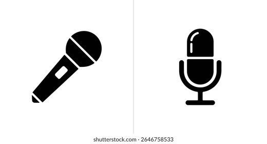 A imagem apresenta dois microfones, um microfone dinâmico com um design portátil e um design de microfone de condensador moderno, ambos em silhueta preta sobre branco.