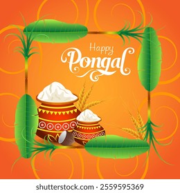 The image features two Pongal pots with boiling milk and rice surrounded by wheat stalks banana leaves and a coconut Happy Pongal is written in a festive fo capturing the festival's joy and gratituden