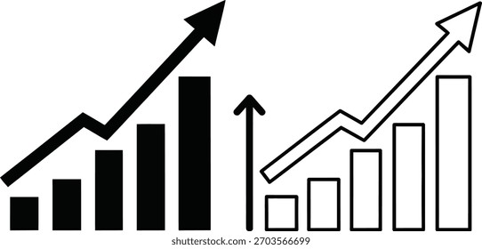 A imagem apresenta dois conjuntos de gráficos de barras ascendentes, um em preto sólido com setas para cima em negrito, contrastando com o outro sendo contornado com seta e fundo transparente.