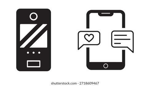 La Imagen cuenta con dos iconos de smartphone. El icono de la izquierda muestra un teléfono inteligente con una línea diagonal a través de su pantalla, lo que indica que puede estar apagado o en modo avión. El icono de la derecha muestra un teléfono inteligente con burbujas de voz, uno que contiene un símbolo del corazón y el otro con tres puntos, que representan los mensajes o la comunicación.