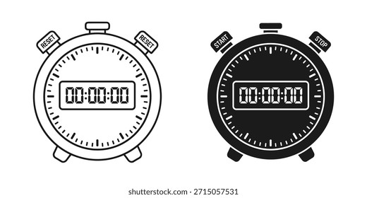 A imagem apresenta dois cronômetros lado a lado, ambos exibindo um tempo de 00:00:00. O cronômetro à esquerda é preto e branco, enquanto o da direita é um monocromático preto e branco. Ambos os cronômetros têm uma forma circular com um display digital no centro e botões na parte superior e laterais.