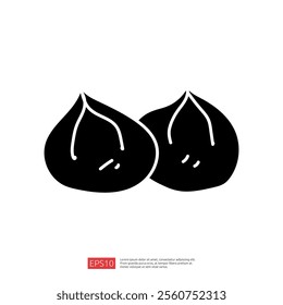 The image features two stylized, black silhouettes resembling chestnuts or similar nuts, set against a white background, emphasizing simplicity and shape.