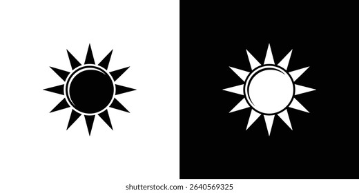 An image features two sun illustrations, one black on white, the other white on black. Each sun has triangular rays extending from a central circle.