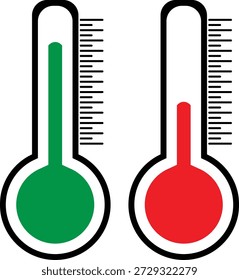The image features two thermometers standing side by side. The thermometer on the left has a green liquid column indicating a cooler temperature, while the thermometer on the right has a red liquid column indicating a higher temperature. Both thermometers have black numerical scales for reading the temperature.